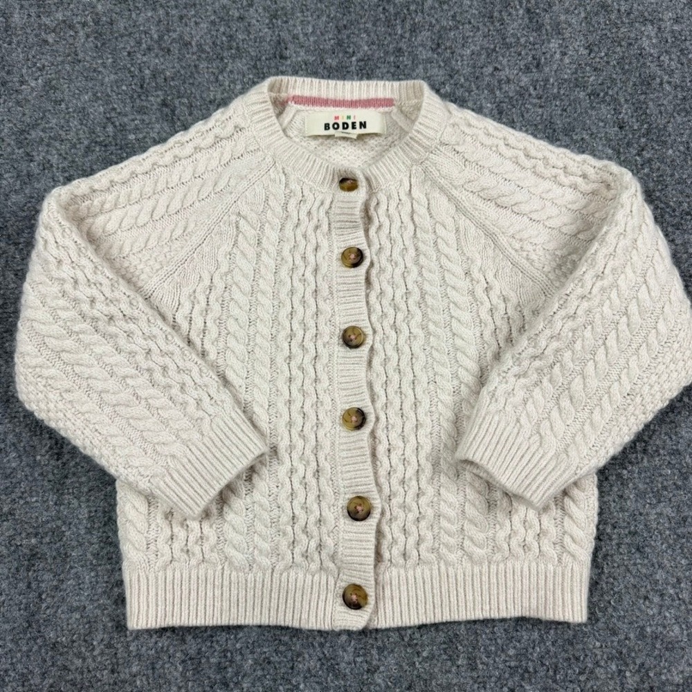 Mini Boden Cable Knit Cardigan Kids 4-5Y Cream Oatmeal Button Front Sweater